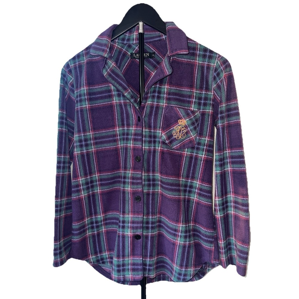 Lauren‎ Ralph Lauren XS Plaid Fleece Sleep Shirt Pajama Top LRL Purple